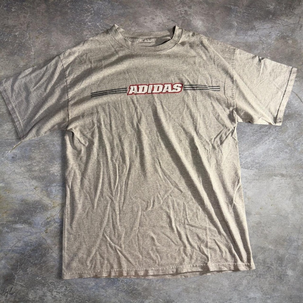 Vintage Adidas Mens Gray Graphic T Shirt Spellout Logo 3 Stripe Streetwear Tee